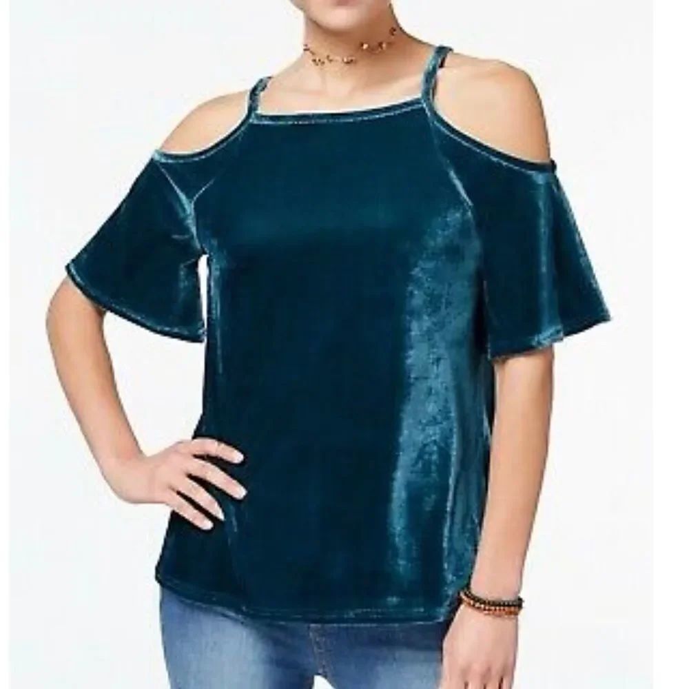 Ultra Flirt Velvet Cold Shoulder emerald green teal Top blouse -small